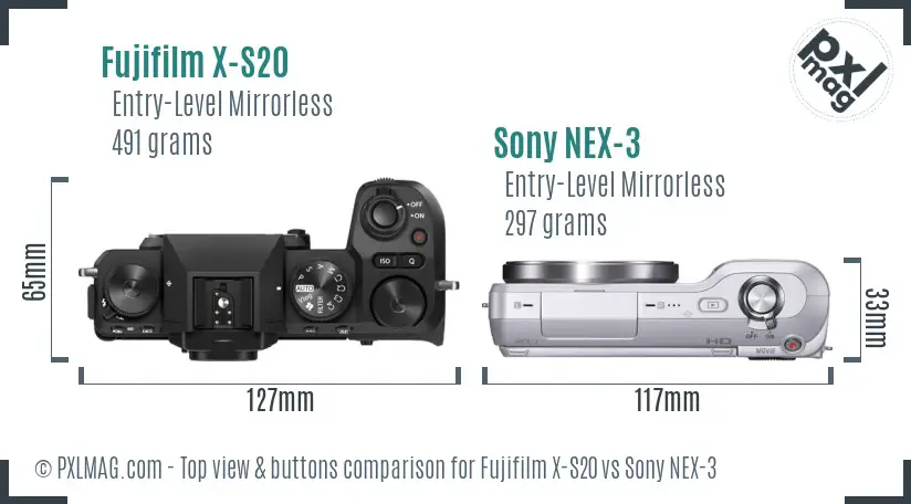 Fujifilm X-S20 vs Sony NEX-3 top view buttons comparison