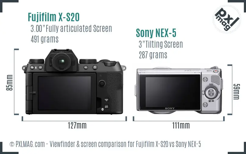 Fujifilm X-S20 vs Sony NEX-5 Screen and Viewfinder comparison