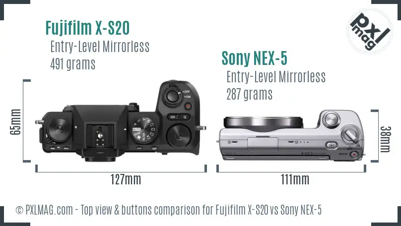 Fujifilm X-S20 vs Sony NEX-5 top view buttons comparison