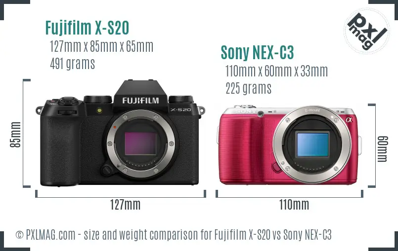 Fujifilm X-S20 vs Sony NEX-C3 size comparison
