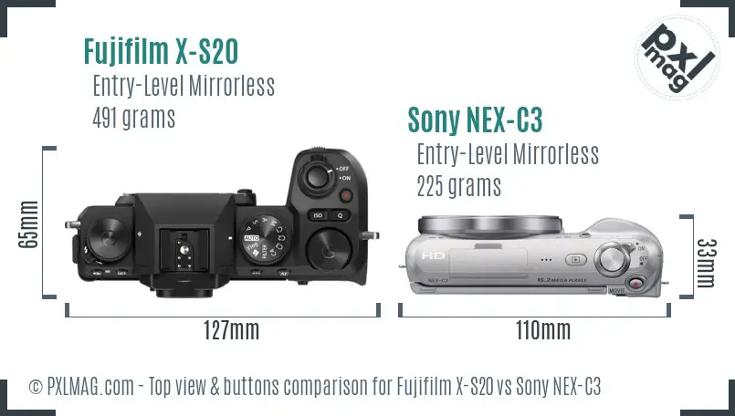 Fujifilm X-S20 vs Sony NEX-C3 top view buttons comparison