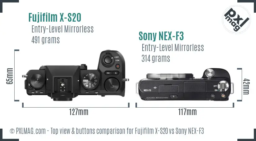 Fujifilm X-S20 vs Sony NEX-F3 top view buttons comparison