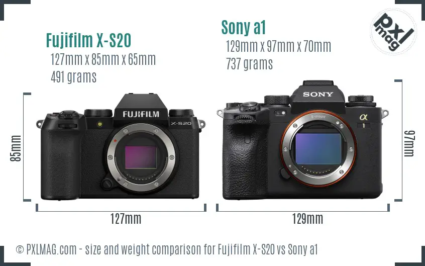 Fujifilm X-S20 vs Sony a1 size comparison