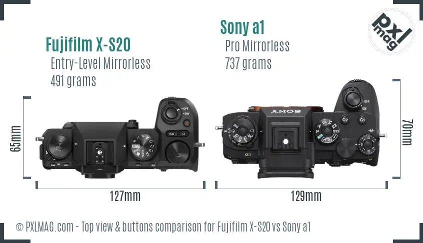 Fujifilm X-S20 vs Sony a1 top view buttons comparison