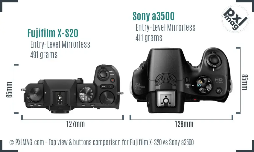 Fujifilm X-S20 vs Sony a3500 top view buttons comparison