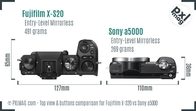 Fujifilm X-S20 vs Sony a5000 top view buttons comparison