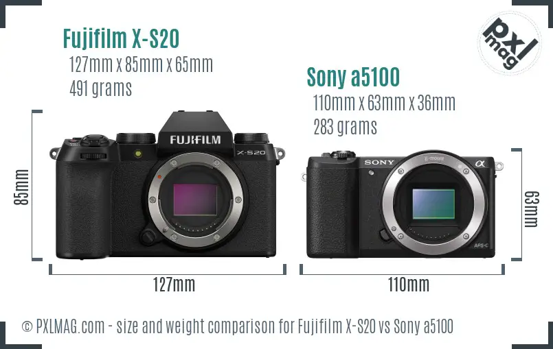 Fujifilm X-S20 vs Sony a5100 size comparison