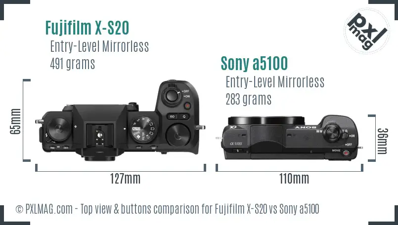 Fujifilm X-S20 vs Sony a5100 top view buttons comparison