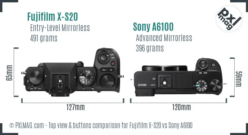 Fujifilm X-S20 vs Sony A6100 top view buttons comparison Fujifilm X-S20 vs Sony A6100 top view buttons comparison