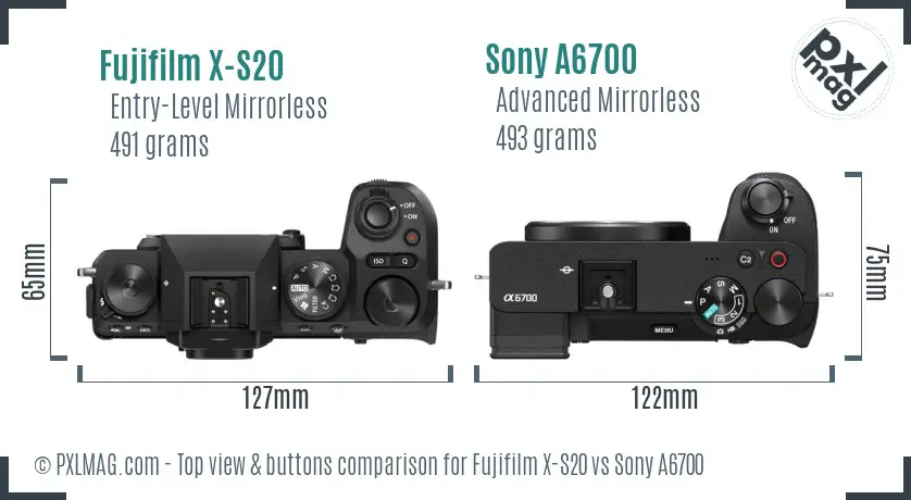 Fujifilm X-S20 vs Sony A6700 top view buttons comparison Fujifilm X-S20 vs Sony A6700 top view buttons comparison