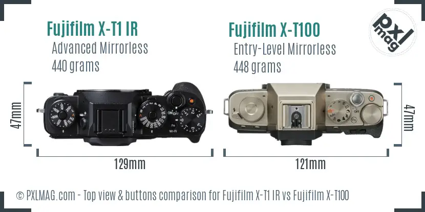 Fujifilm X-T1 IR vs Fujifilm X-T100 top view buttons comparison