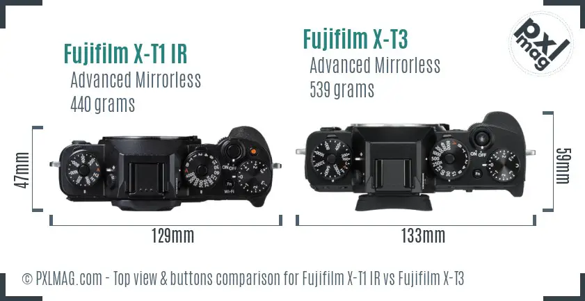 Fujifilm X-T1 IR vs Fujifilm X-T3 top view buttons comparison