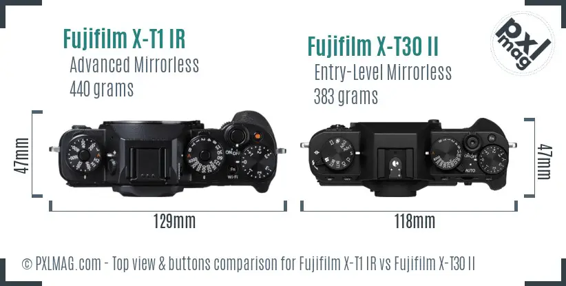Fujifilm X-T1 IR vs Fujifilm X-T30 II top view buttons comparison
