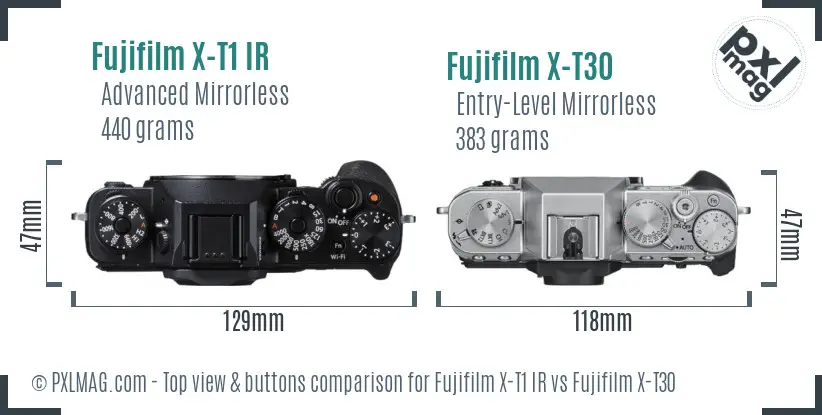 Fujifilm X-T1 IR vs Fujifilm X-T30 top view buttons comparison