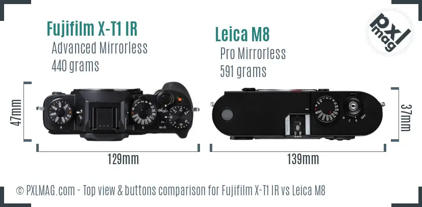Fujifilm X-T1 IR vs Leica M8 top view buttons comparison Fujifilm X-T1 IR vs Leica M8 top view buttons comparison