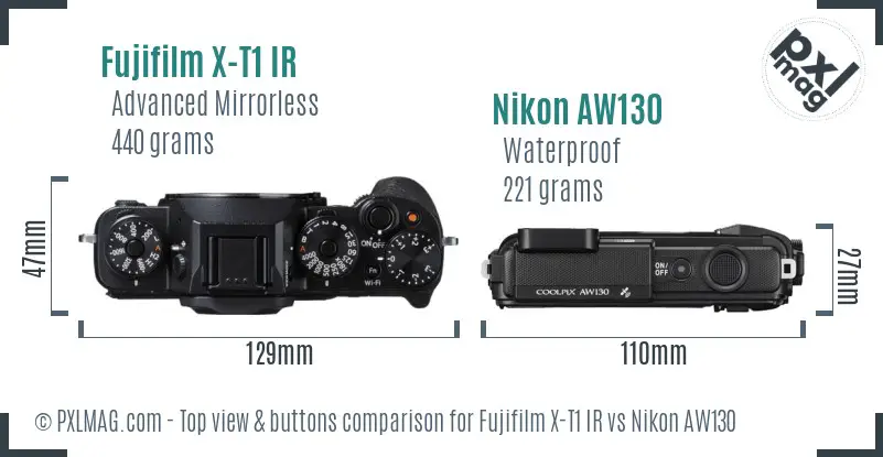 Fujifilm X-T1 IR vs Nikon AW130 top view buttons comparison