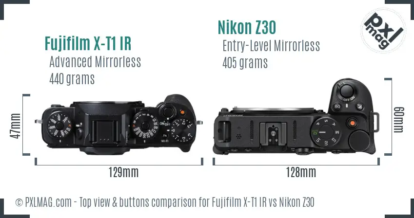 Fujifilm X-T1 IR vs Nikon Z30 top view buttons comparison