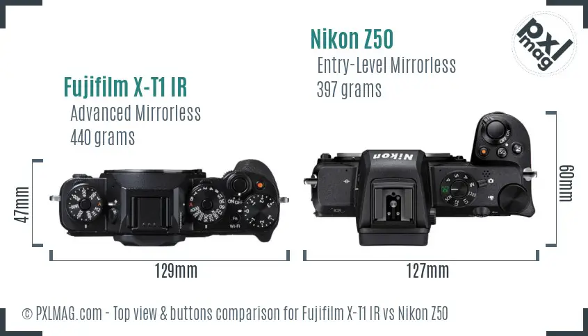 Fujifilm X-T1 IR vs Nikon Z50 top view buttons comparison