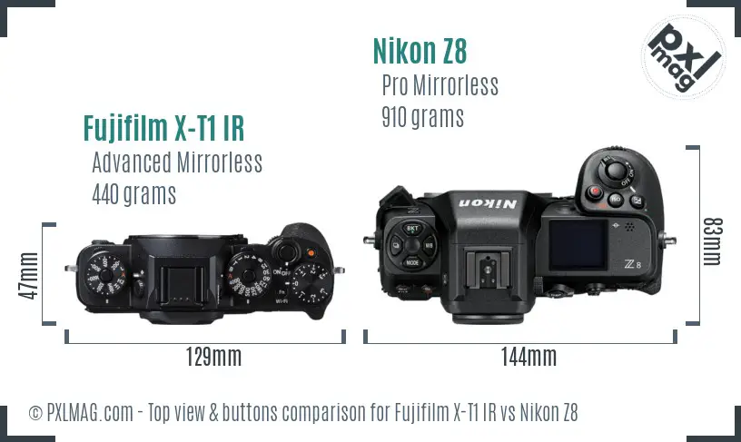 Fujifilm X-T1 IR vs Nikon Z8 top view buttons comparison