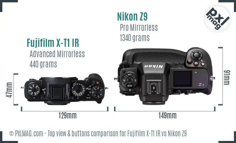 Fujifilm X-T1 IR vs Nikon Z9 top view buttons comparison