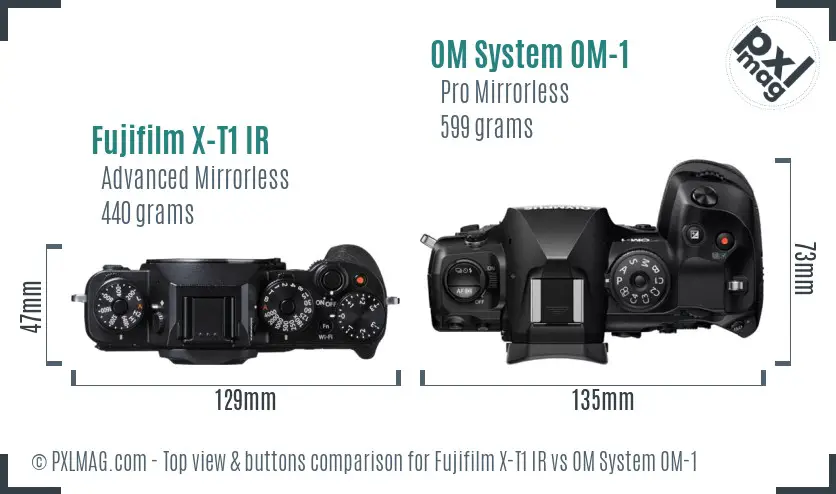 Fujifilm X-T1 IR vs OM System OM-1 top view buttons comparison