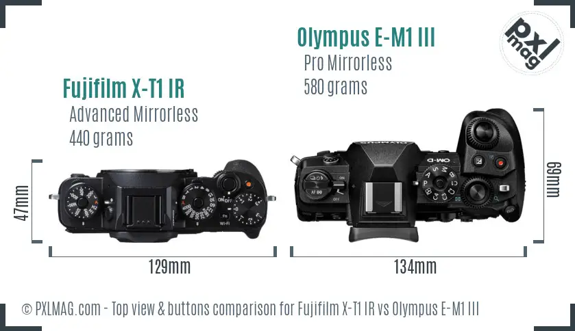 Fujifilm X-T1 IR vs Olympus E-M1 III top view buttons comparison