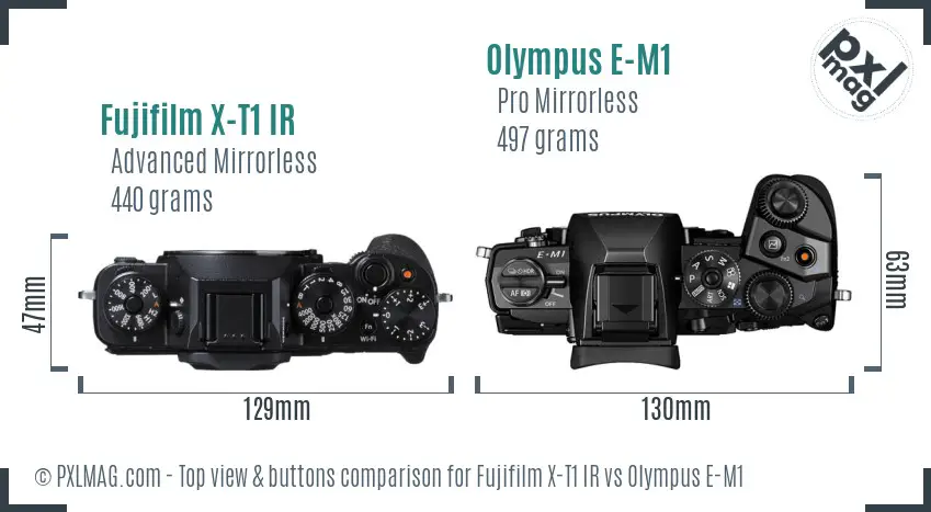 Fujifilm X-T1 IR vs Olympus E-M1 top view buttons comparison