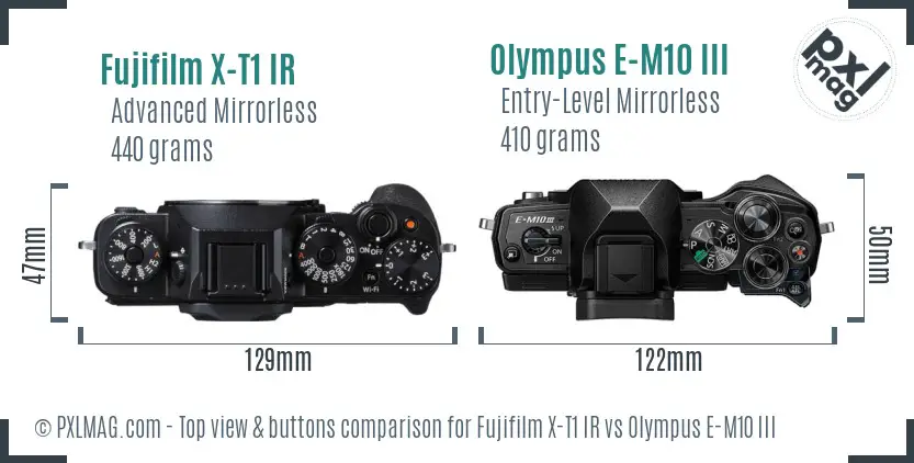 Fujifilm X-T1 IR vs Olympus E-M10 III top view buttons comparison