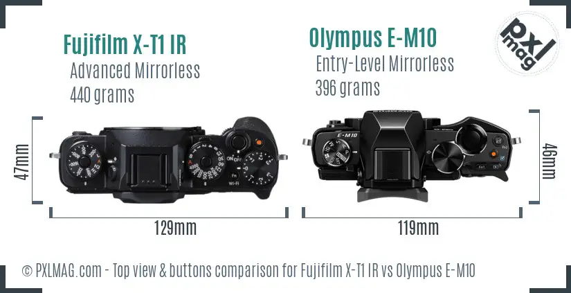 Fujifilm X-T1 IR vs Olympus E-M10 top view buttons comparison