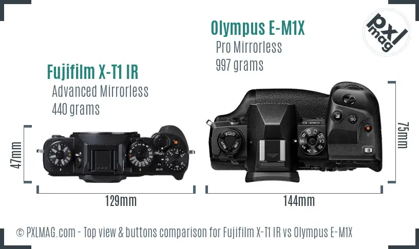 Fujifilm X-T1 IR vs Olympus E-M1X top view buttons comparison