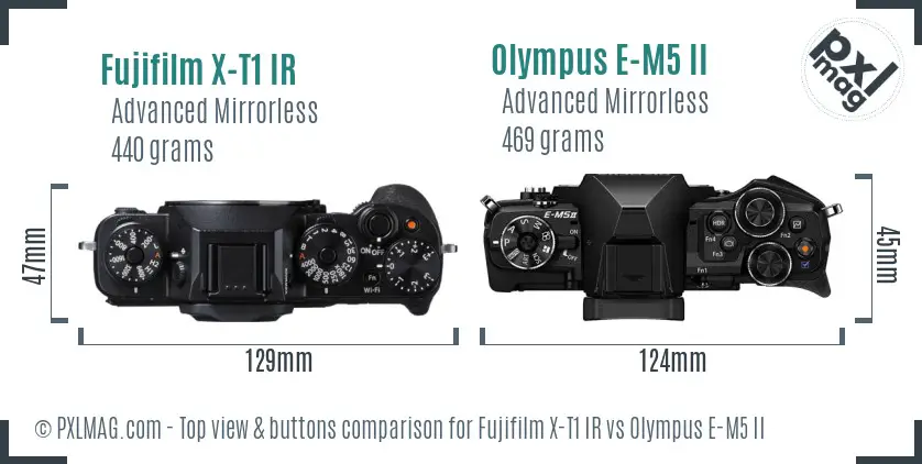 Fujifilm X-T1 IR vs Olympus E-M5 II top view buttons comparison
