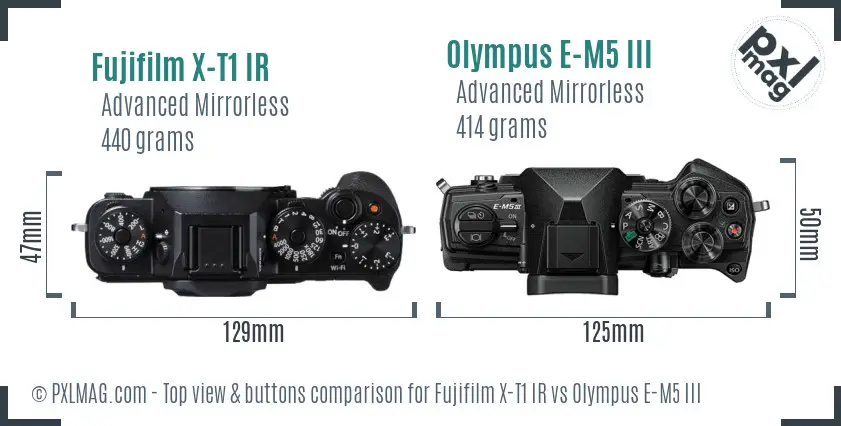 Fujifilm X-T1 IR vs Olympus E-M5 III top view buttons comparison Fujifilm X-T1 IR vs Olympus E-M5 III top view buttons comparison