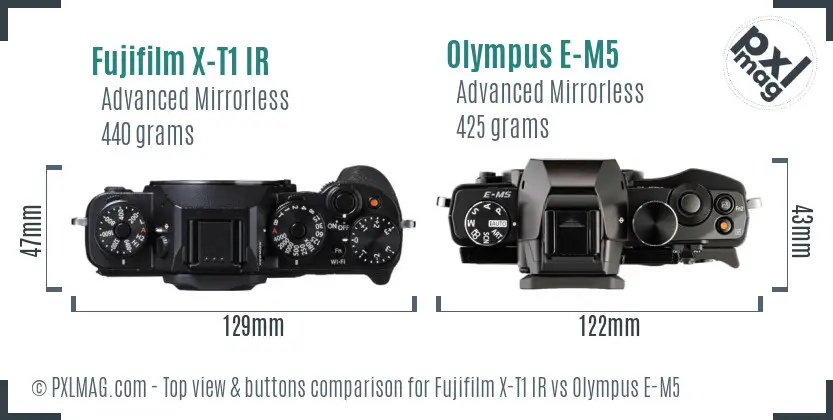 Fujifilm X-T1 IR vs Olympus E-M5 top view buttons comparison
