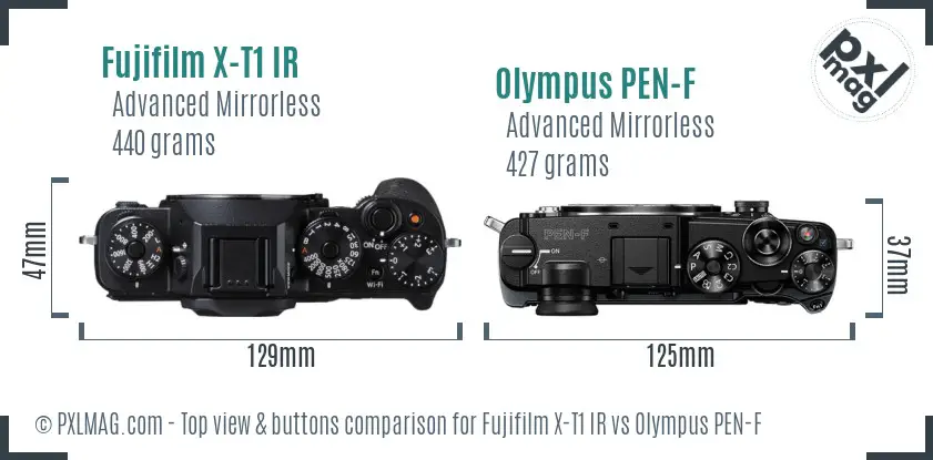 Fujifilm X-T1 IR vs Olympus PEN-F top view buttons comparison
