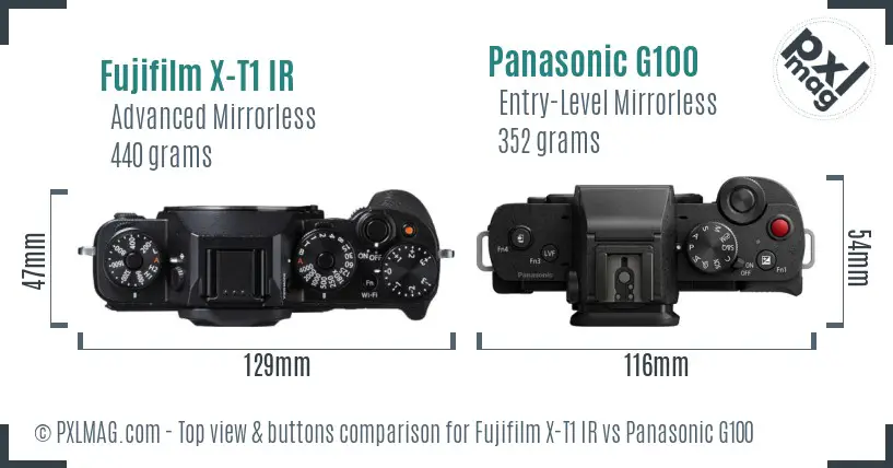 Fujifilm X-T1 IR vs Panasonic G100 top view buttons comparison