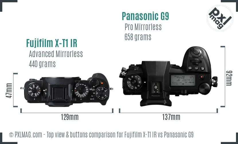 Fujifilm X-T1 IR vs Panasonic G9 top view buttons comparison Fujifilm X-T1 IR vs Panasonic G9 top view buttons comparison