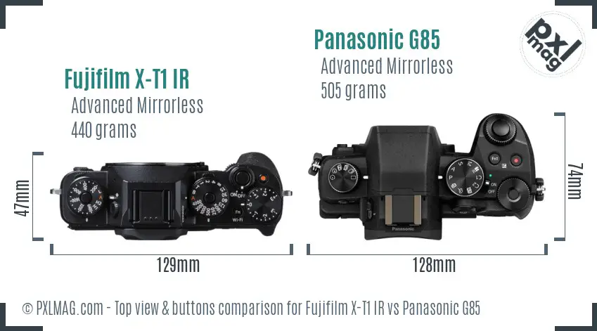 Fujifilm X-T1 IR vs Panasonic G85 top view buttons comparison Fujifilm X-T1 IR vs Panasonic G85 top view buttons comparison