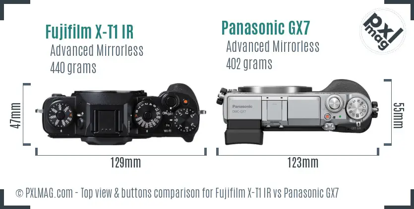 Fujifilm X-T1 IR vs Panasonic GX7 top view buttons comparison