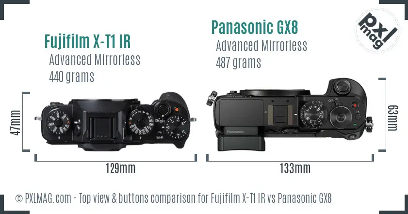 Fujifilm X-T1 IR vs Panasonic GX8 top view buttons comparison Fujifilm X-T1 IR vs Panasonic GX8 top view buttons comparison
