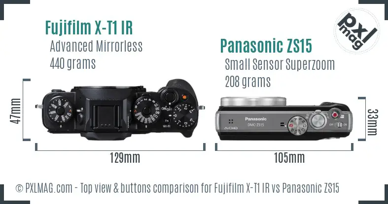 Fujifilm X-T1 IR vs Panasonic ZS15 top view buttons comparison