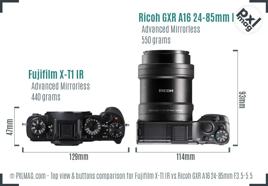 Fujifilm X-T1 IR vs Ricoh GXR A16 24-85mm F3.5-5.5 top view buttons comparison