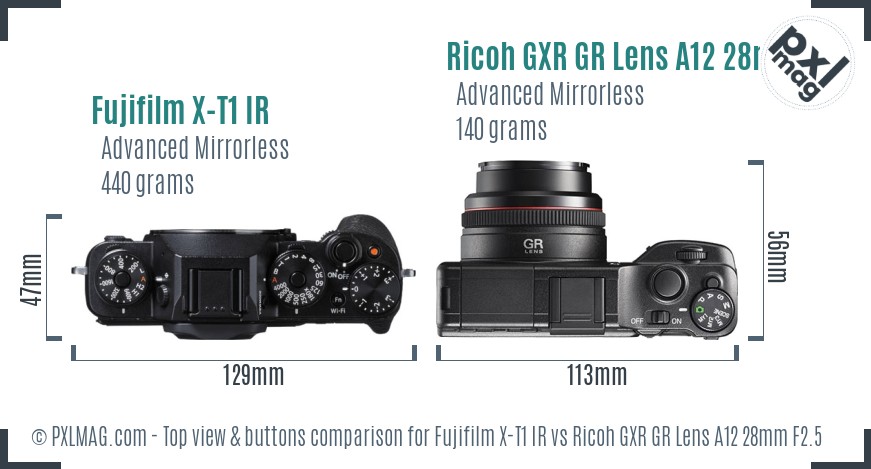 Fujifilm X-T1 IR vs Ricoh GXR GR Lens A12 28mm F2.5 top view buttons comparison