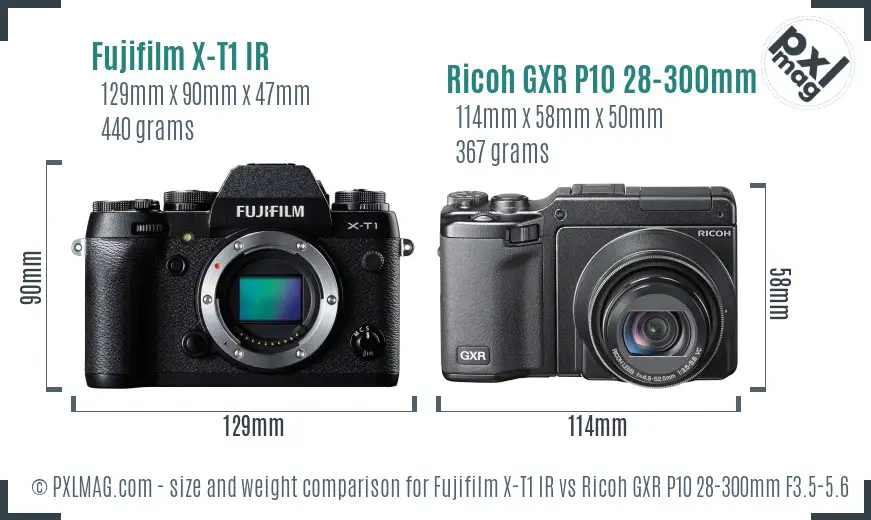 Fujifilm X-T1 IR vs Ricoh GXR P10 28-300mm F3.5-5.6 VC size comparison