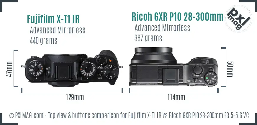 Fujifilm X-T1 IR vs Ricoh GXR P10 28-300mm F3.5-5.6 VC top view buttons comparison
