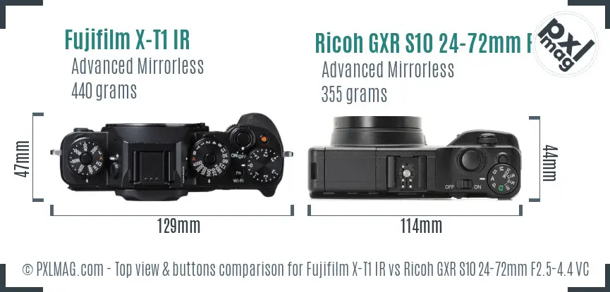 Fujifilm X-T1 IR vs Ricoh GXR S10 24-72mm F2.5-4.4 VC top view buttons comparison Fujifilm X-T1 IR vs Ricoh GXR S10 24-72mm F2.5-4.4 VC top view buttons comparison