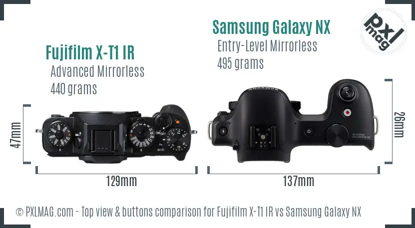Fujifilm X-T1 IR vs Samsung Galaxy NX top view buttons comparison