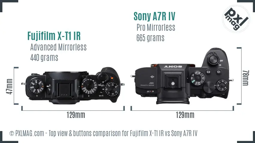 Fujifilm X-T1 IR vs Sony A7R IV top view buttons comparison