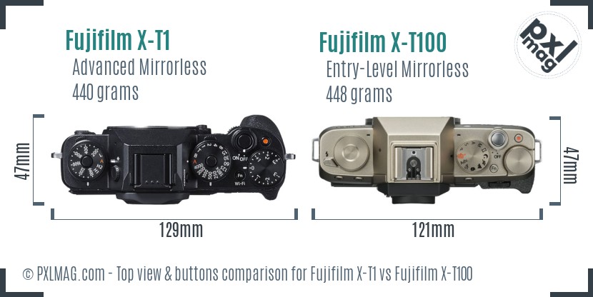 Fujifilm X-T1 vs Fujifilm X-T100 top view buttons comparison