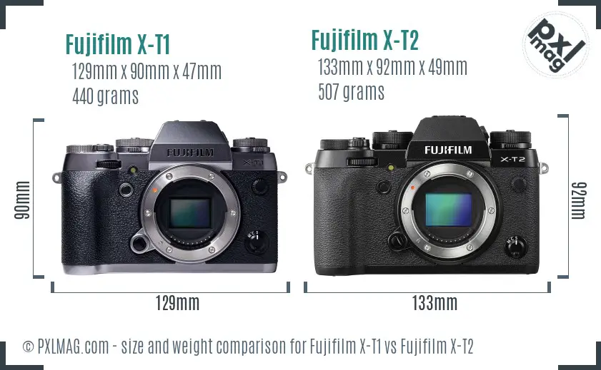 Fujifilm X-T1 vs Fujifilm X-T2 size comparison