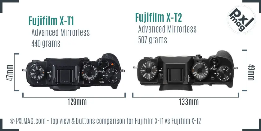Fujifilm X-T1 vs Fujifilm X-T2 top view buttons comparison